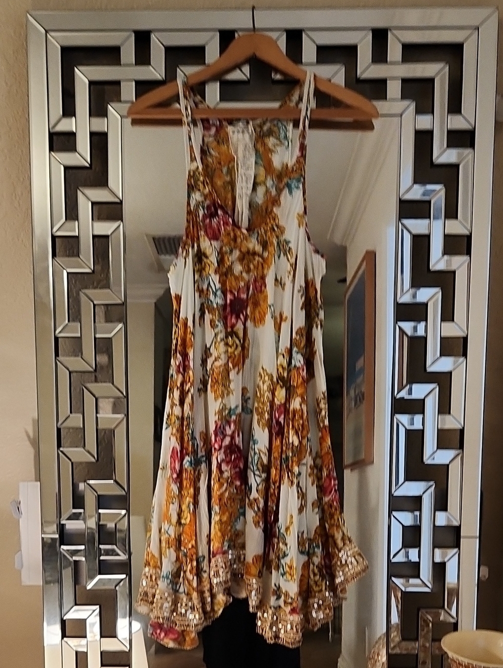 Free People Vintage Floral Sundress S  in White and Mustard Summer Dress